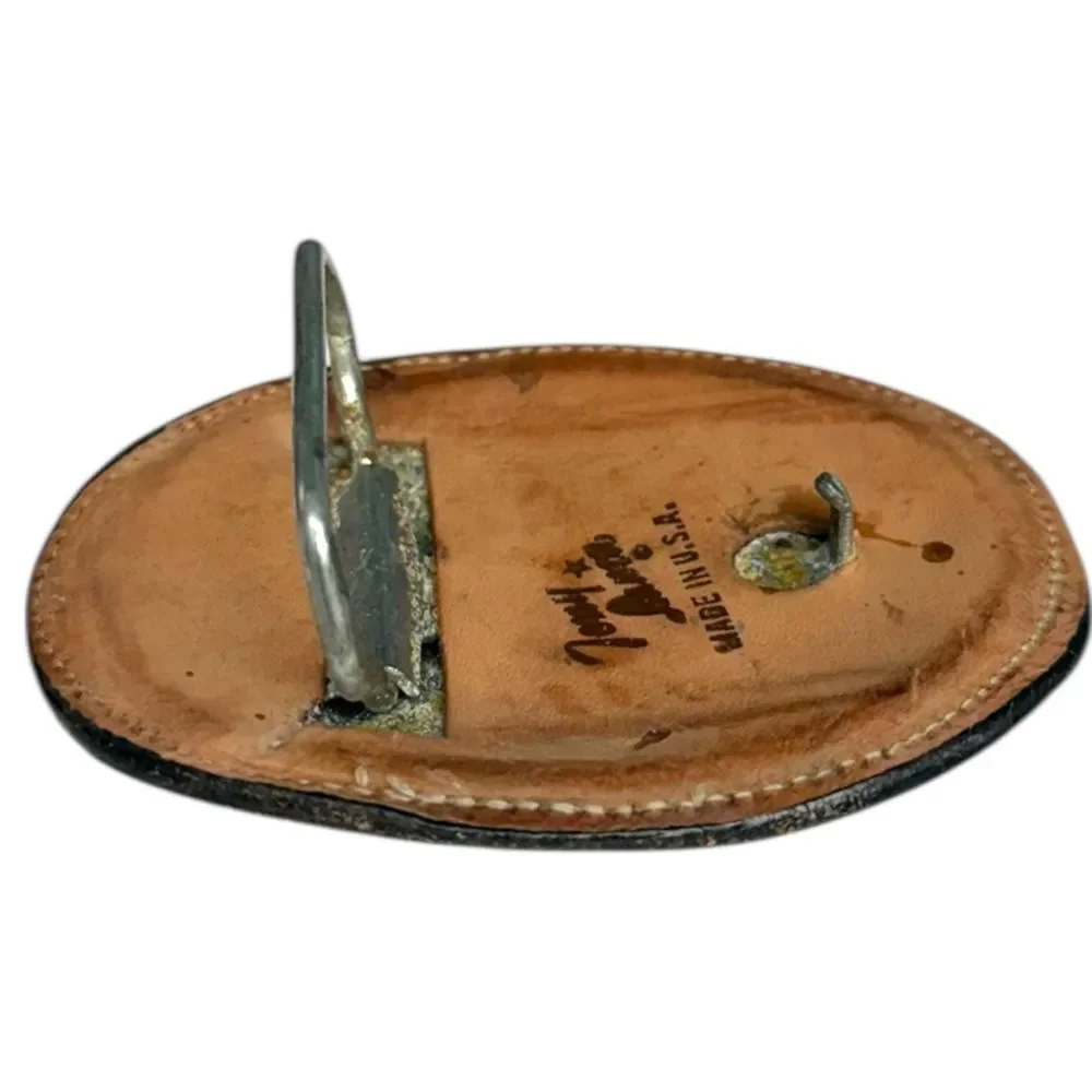 Vintage Tony Lama Mandan County North Dakota Leather Belt Buckle USA Western
